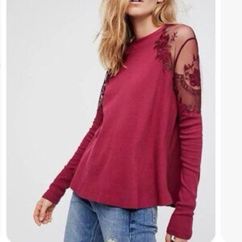 Free People Burgundy Lace Sleeve Blouse